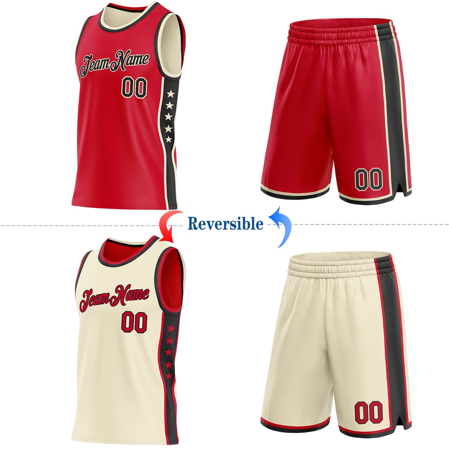 Custom Reversible Red Black-Cream Double Side Star Sublimation Basketball Set Jersey view 2