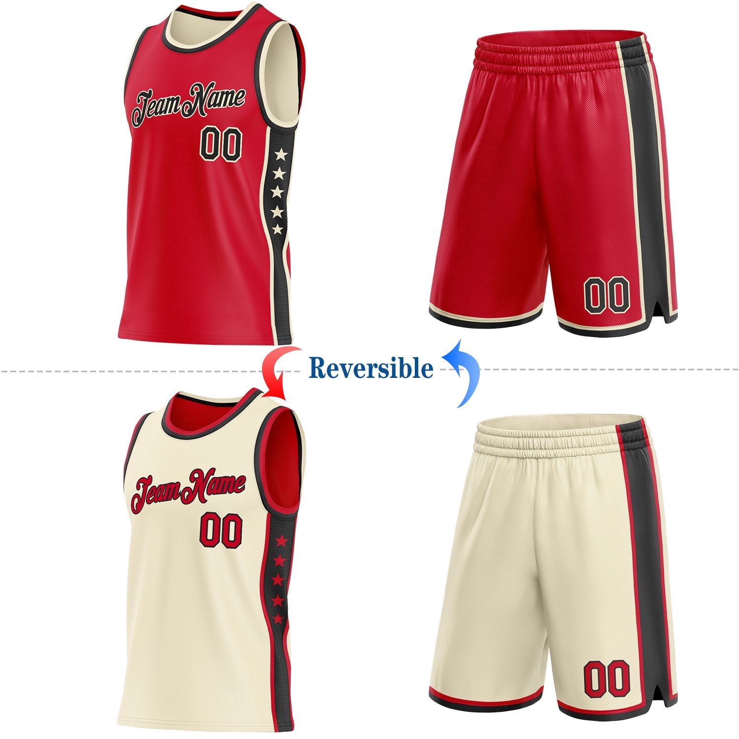Custom Reversible Red Black-Cream Double Side Star Sublimation Basketball Set Jersey view 2