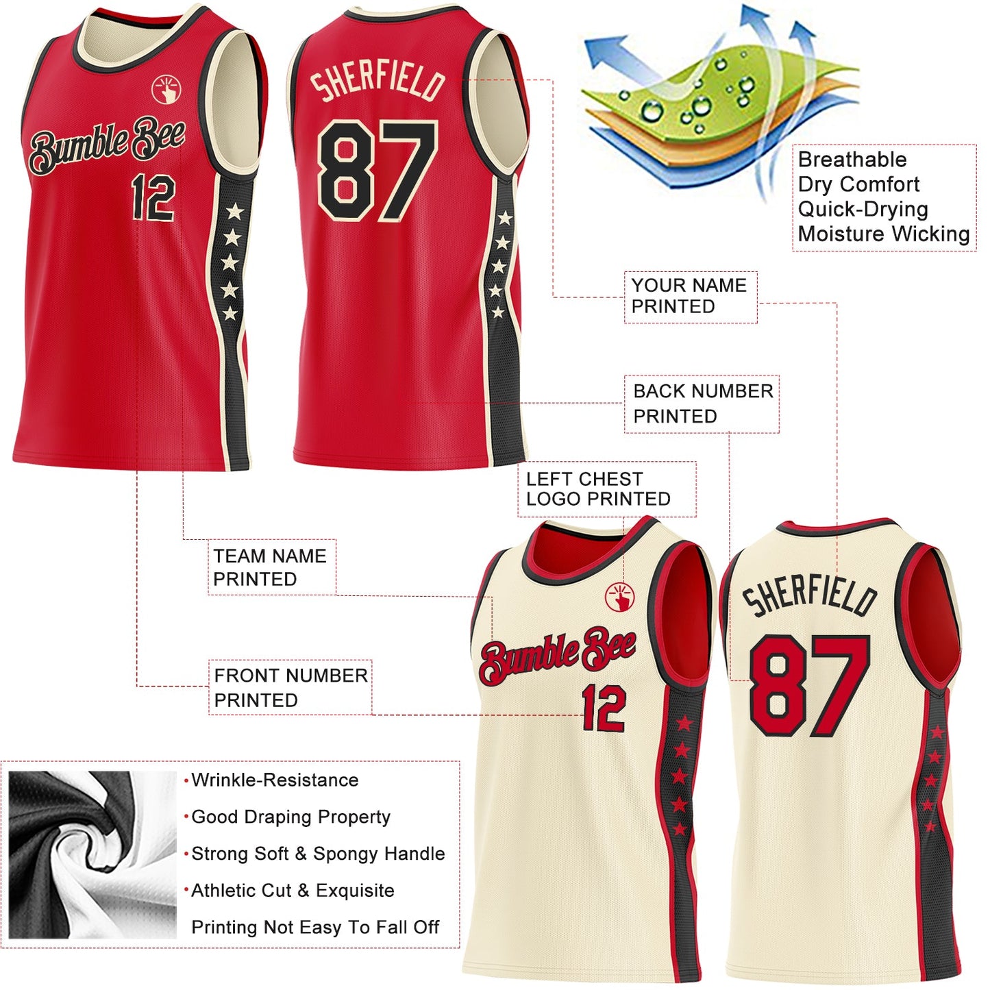 Custom Reversible Red Black-Cream Double Side Star Sublimation Basketball Set Jersey view 5