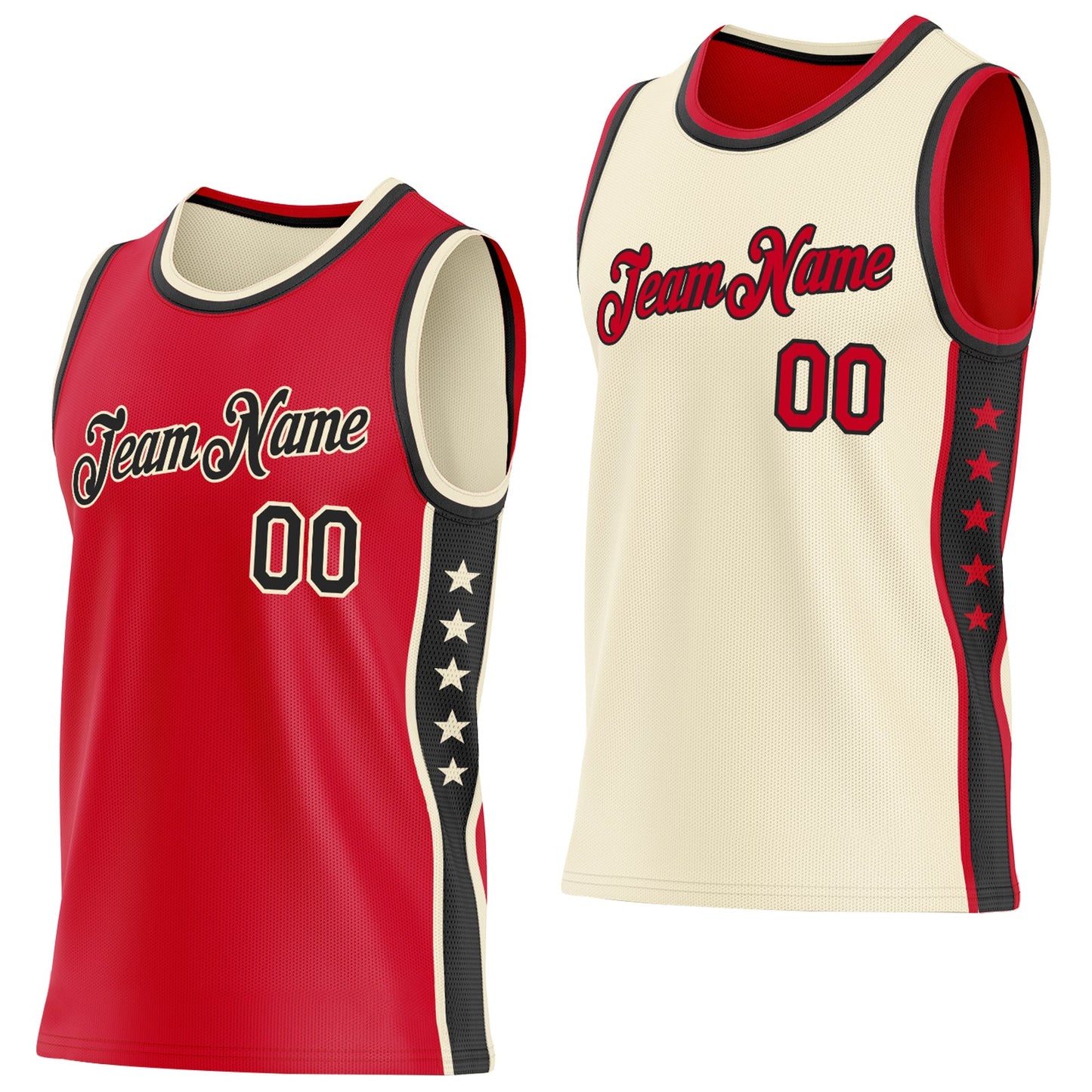 Custom Reversible Red Black-Cream Double Side Star Sublimation Basketball Set Jersey - Main View