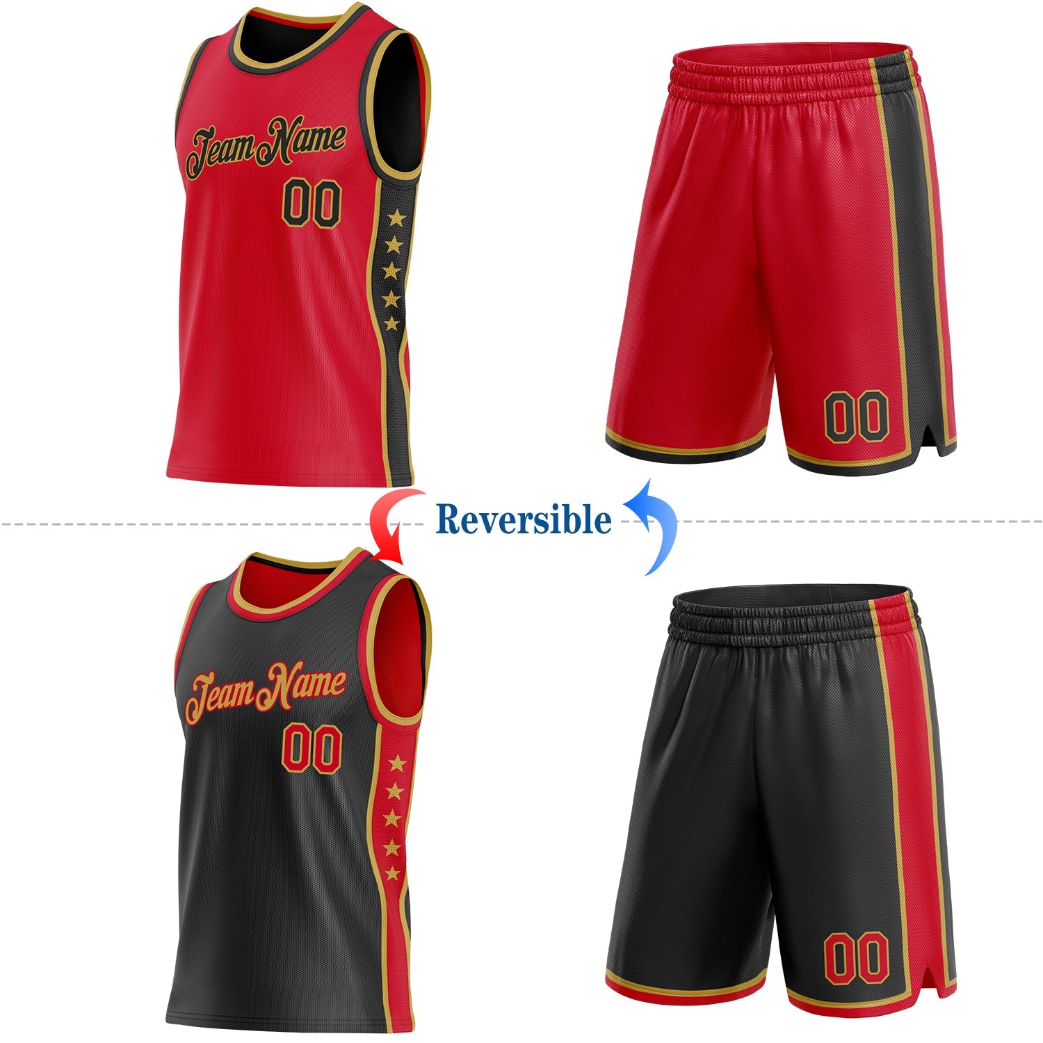 Custom Reversible Red Black-Old Gold Double Side Star Sublimation Basketball Set Jersey view 2