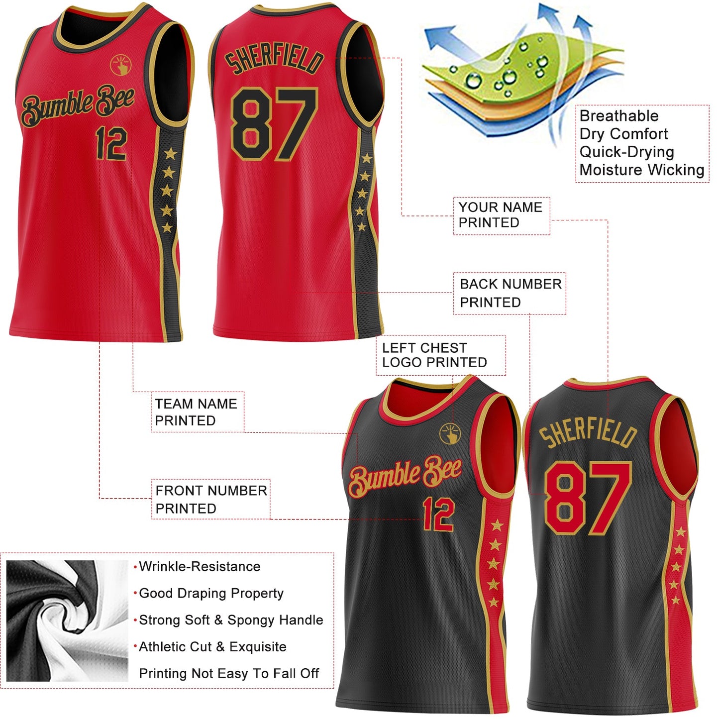 Custom Reversible Red Black-Old Gold Double Side Star Sublimation Basketball Set Jersey view 5
