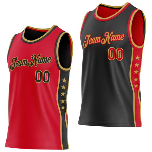 Custom Reversible Red Black-Old Gold Double Side Star Sublimation Basketball Set Jersey - Main View