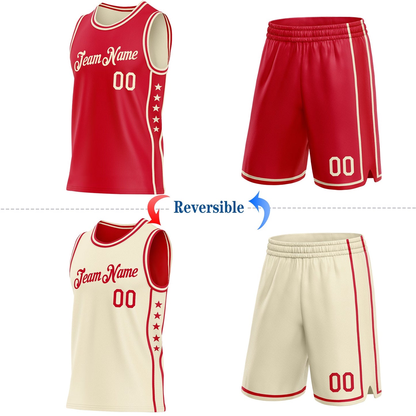 Custom Reversible Red Cream Double Side Star Sublimation Basketball Set Jersey view 2