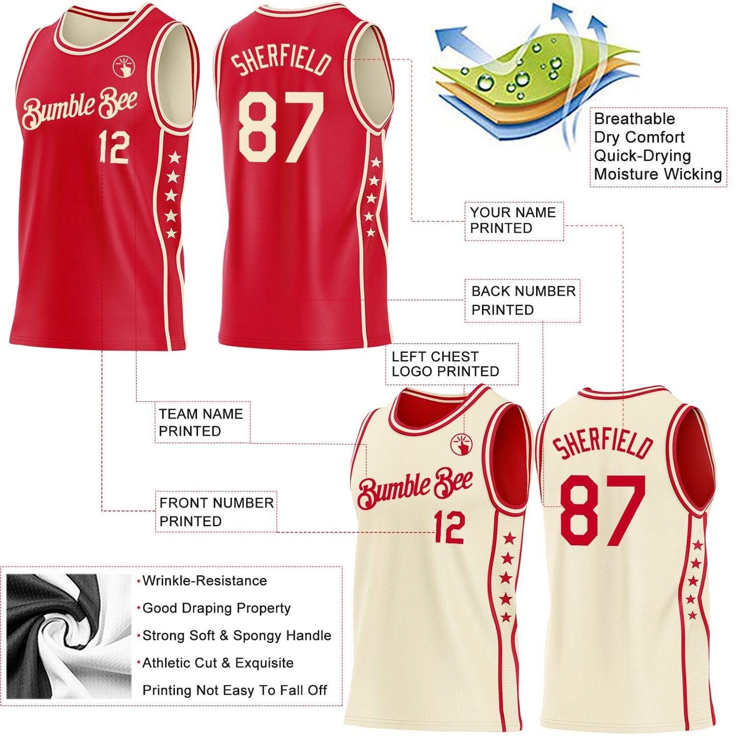Custom Reversible Red Cream Double Side Star Sublimation Basketball Set Jersey view 5