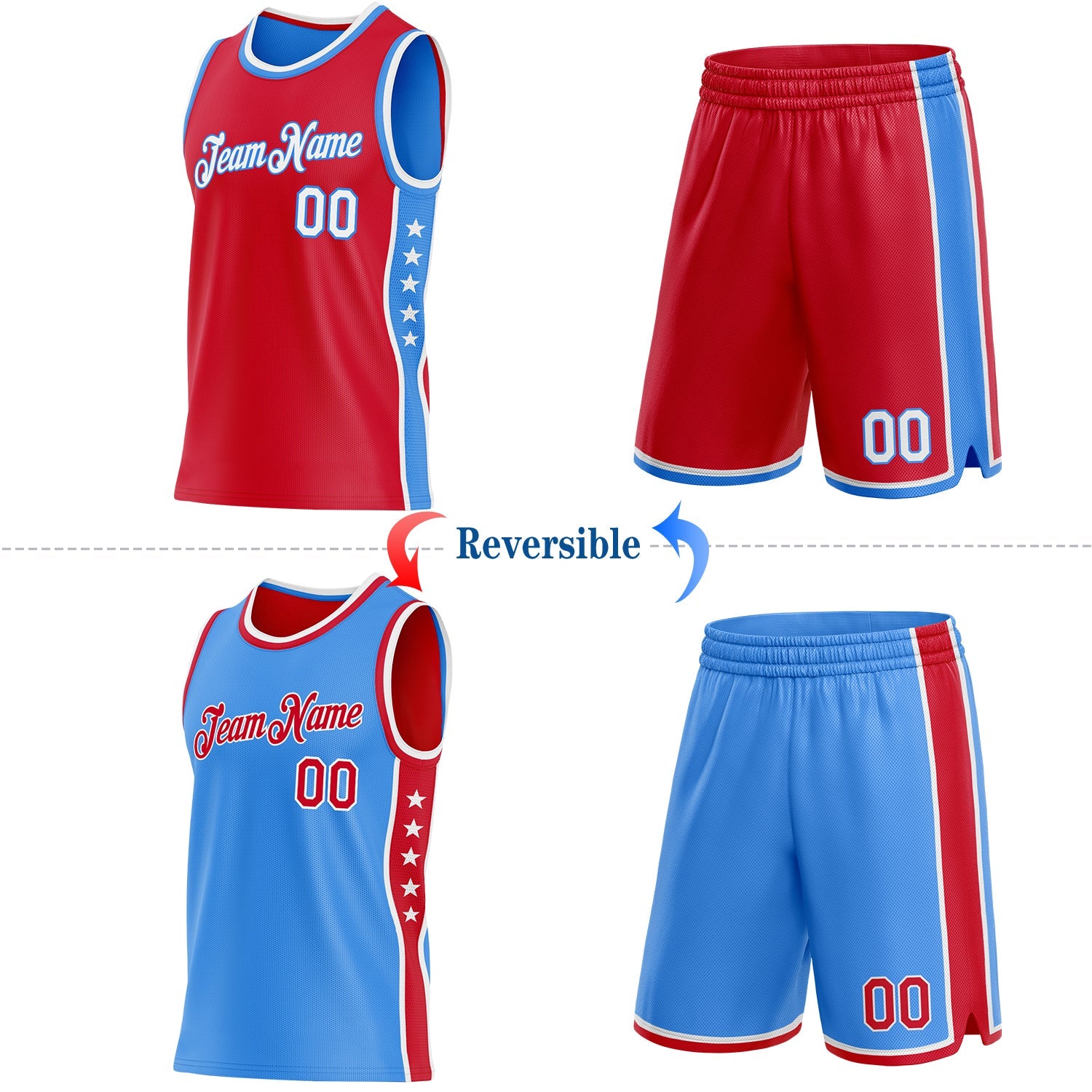 Custom Reversible Red White-Powder Blue Double Side Star Sublimation Basketball Set Jersey view 2