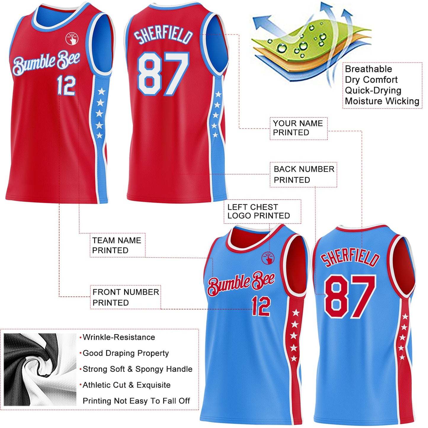 Custom Reversible Red White-Powder Blue Double Side Star Sublimation Basketball Set Jersey view 5