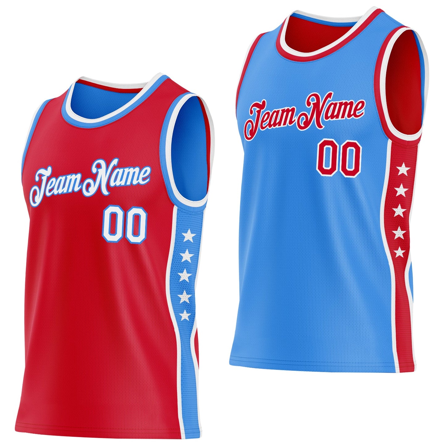 Custom Reversible Red White-Powder Blue Double Side Star Sublimation Basketball Set Jersey - Main View
