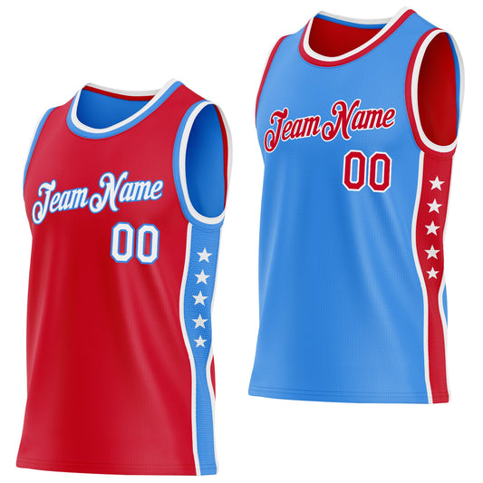 Custom Reversible Red White-Powder Blue Double Side Star Sublimation Basketball Set Jersey - Main View