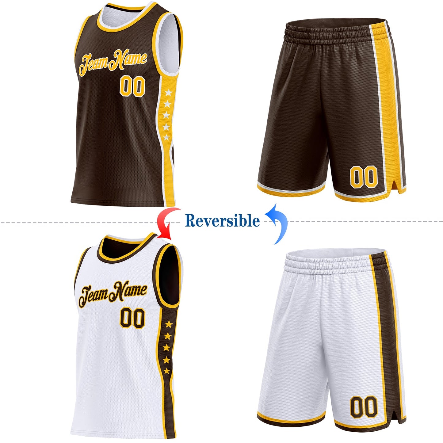 Custom Reversible Brown Gold-White Double Side Star Sublimation Basketball Set Jersey view 2