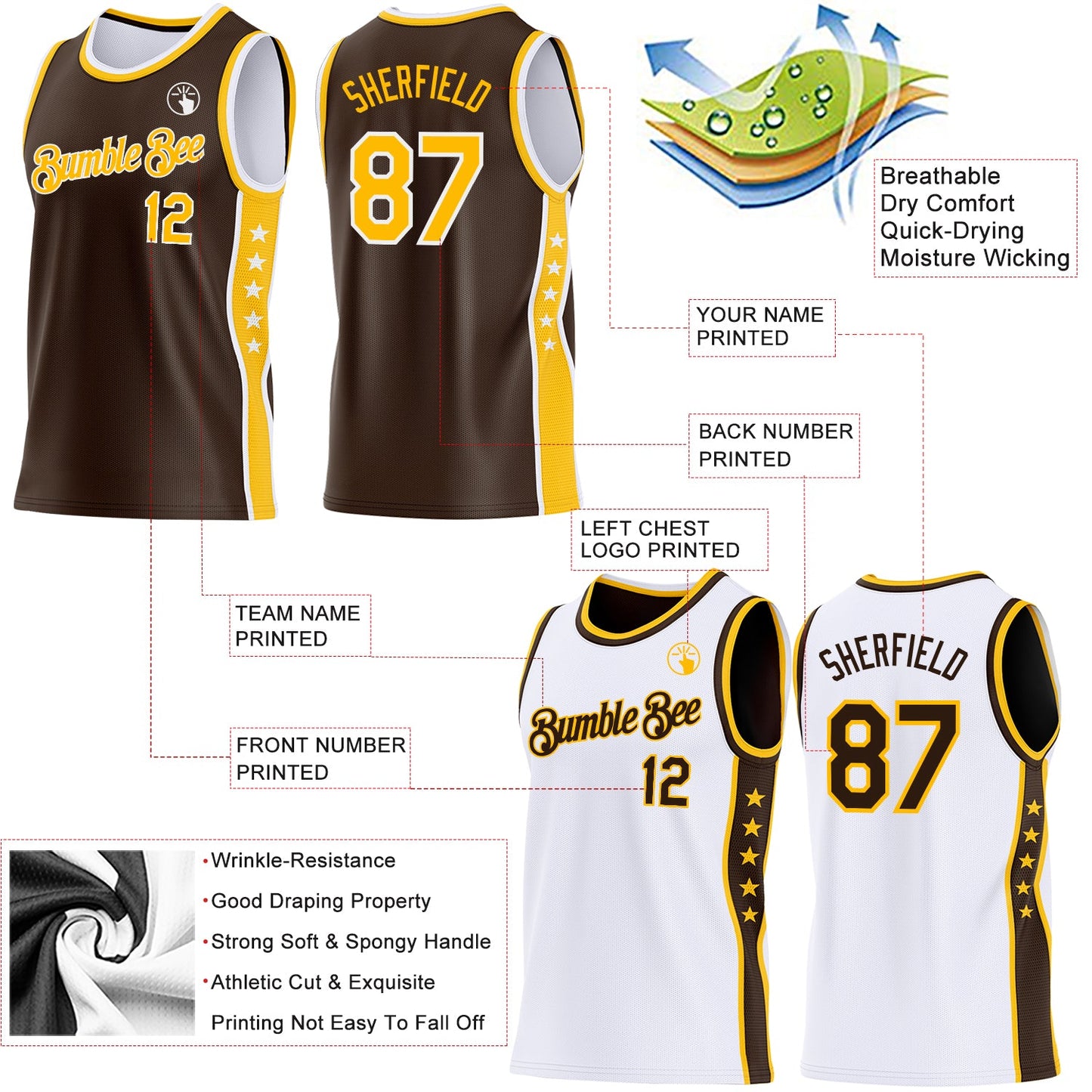 Custom Reversible Brown Gold-White Double Side Star Sublimation Basketball Set Jersey view 5