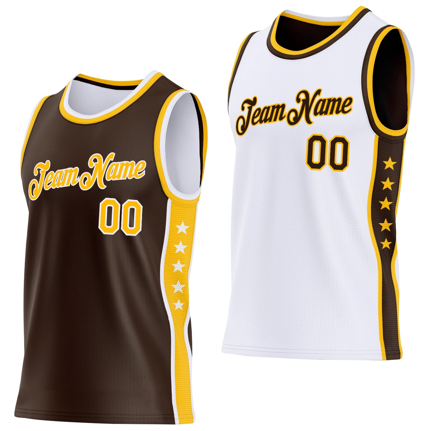 Custom Reversible Brown Gold-White Double Side Star Sublimation Basketball Set Jersey - Main View