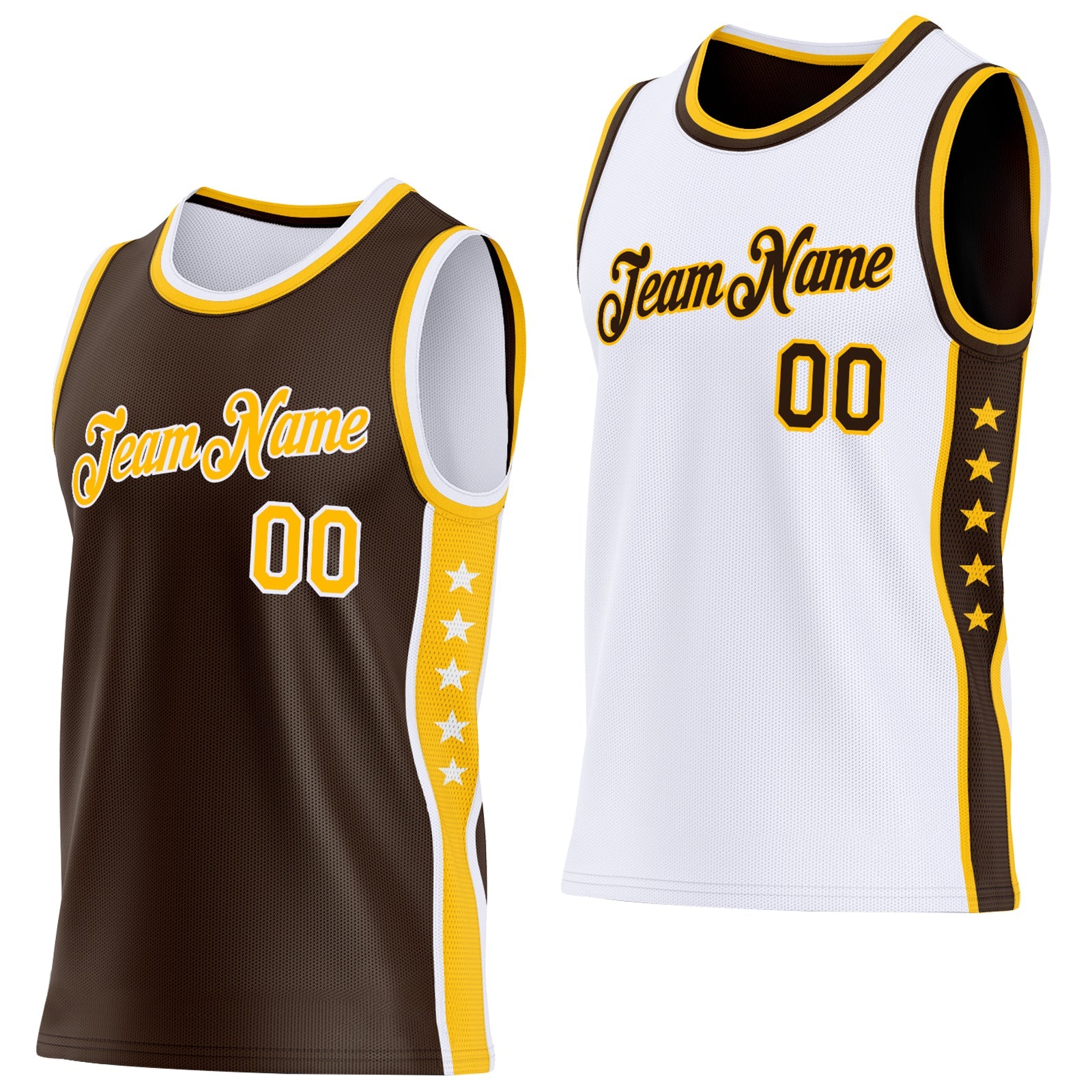 Custom Reversible Brown Gold-White Double Side Star Sublimation Basketball Set Jersey - Main View