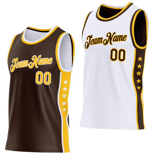 Custom Reversible Brown Gold-White Double Side Star Sublimation Basketball Set Jersey - Main View