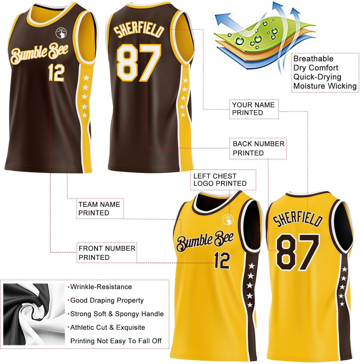 Custom Reversible Brown White-Gold Double Side Star Sublimation Basketball Set Jersey view 5