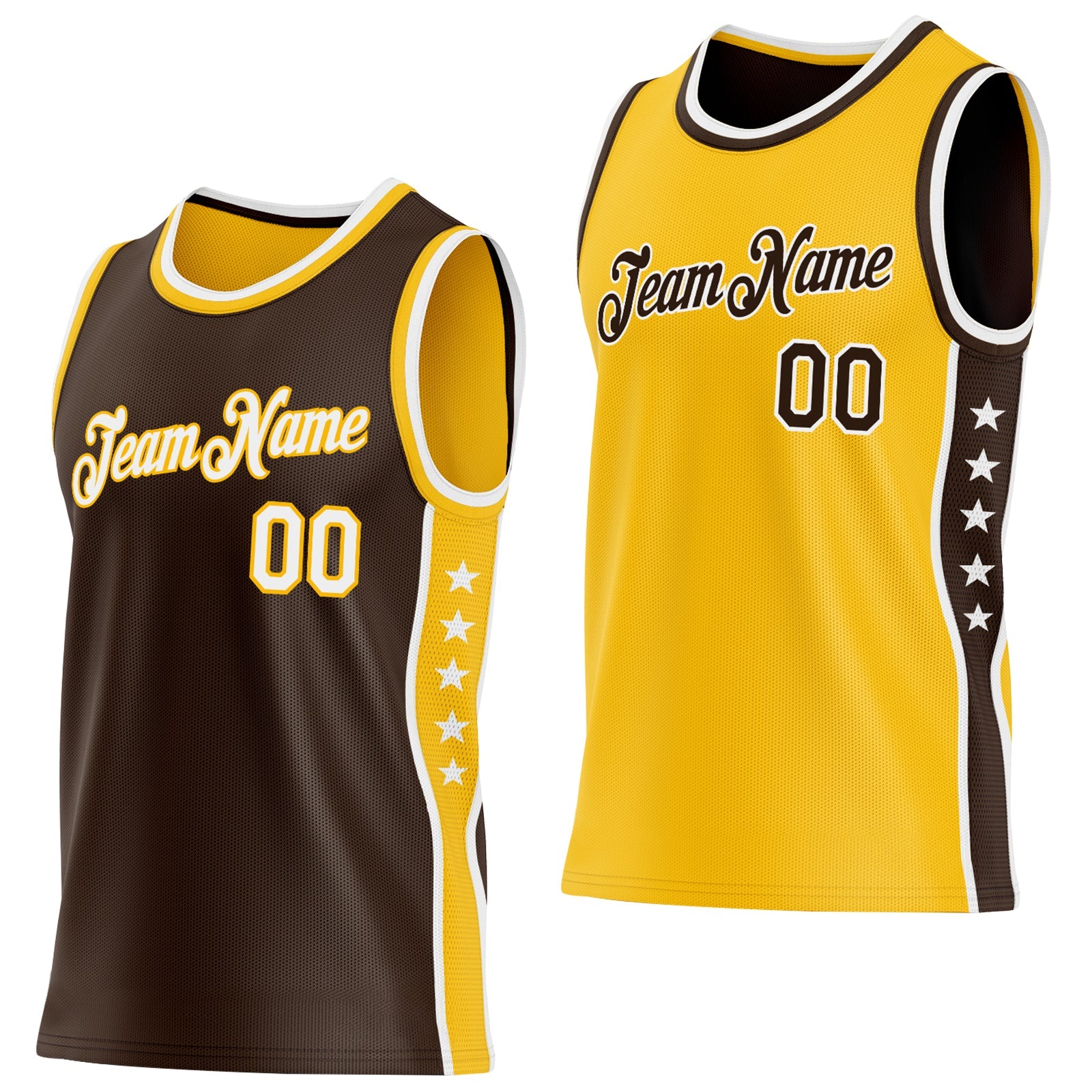 Custom Reversible Brown White-Gold Double Side Star Sublimation Basketball Set Jersey - Main View