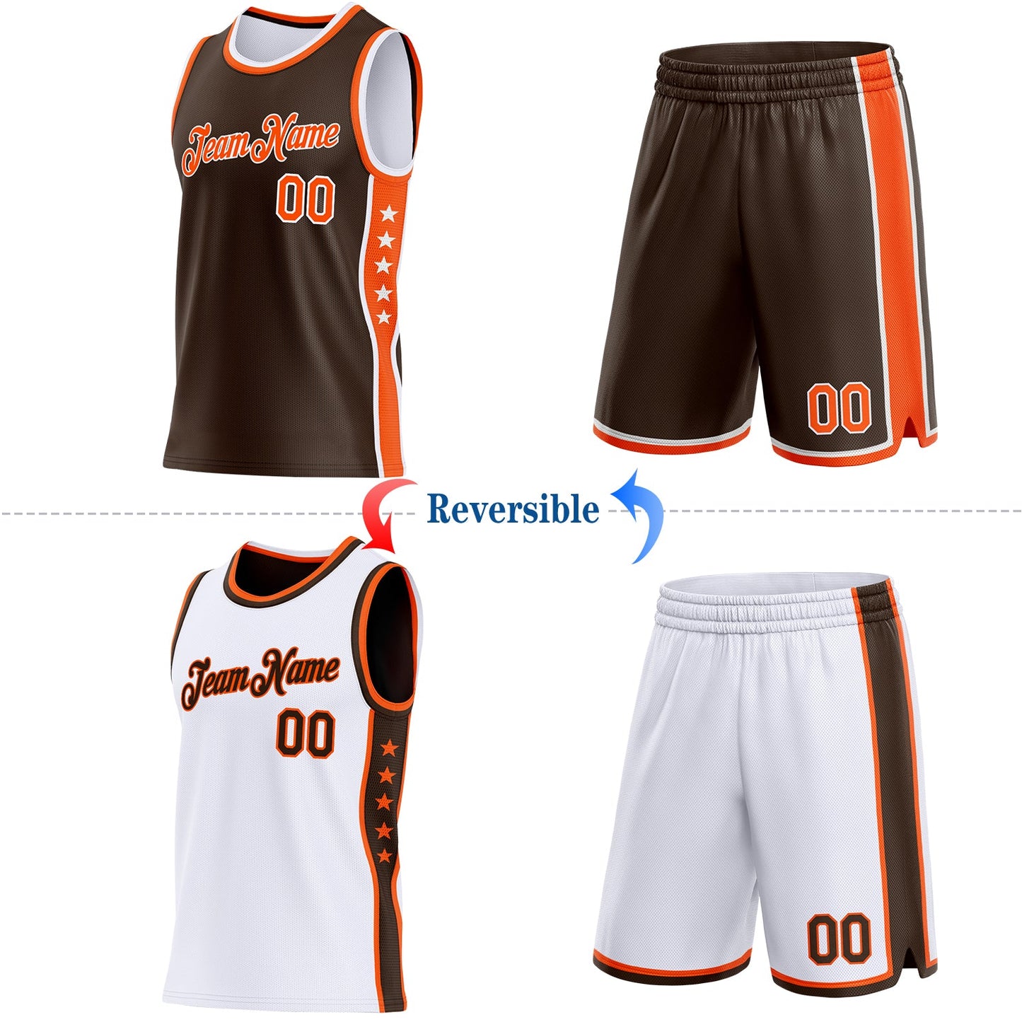 Custom Reversible Brown Orange-White Double Side Star Sublimation Basketball Set Jersey view 2