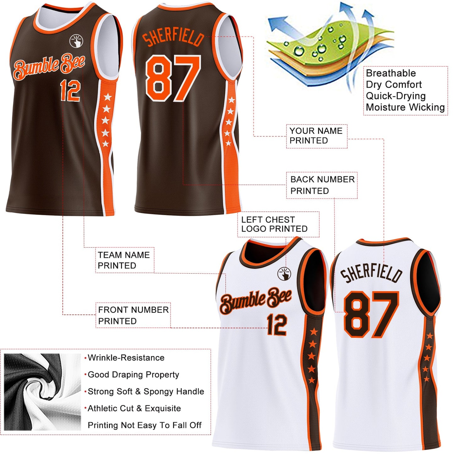 Custom Reversible Brown Orange-White Double Side Star Sublimation Basketball Set Jersey view 5