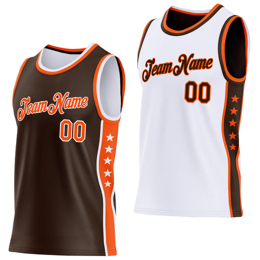 Custom Reversible Brown Orange-White Double Side Star Sublimation Basketball Set Jersey - Main View