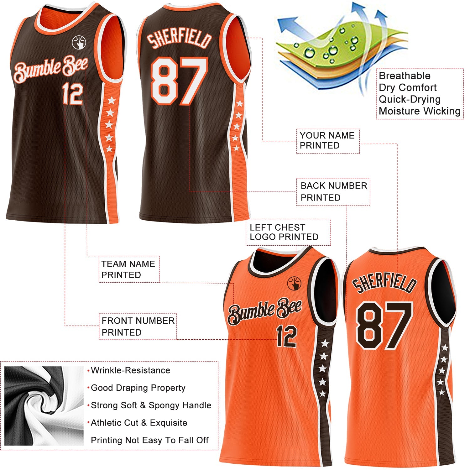 Custom Reversible Brown White-Orange Double Side Star Sublimation Basketball Set Jersey view 5