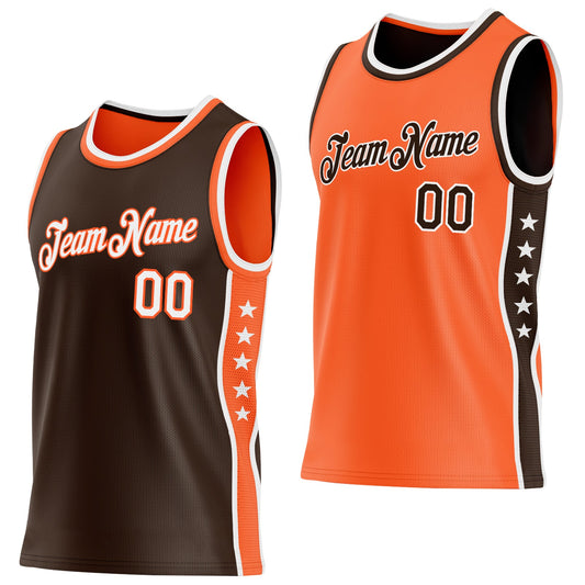 Custom Reversible Brown White-Orange Double Side Star Sublimation Basketball Set Jersey - Main View