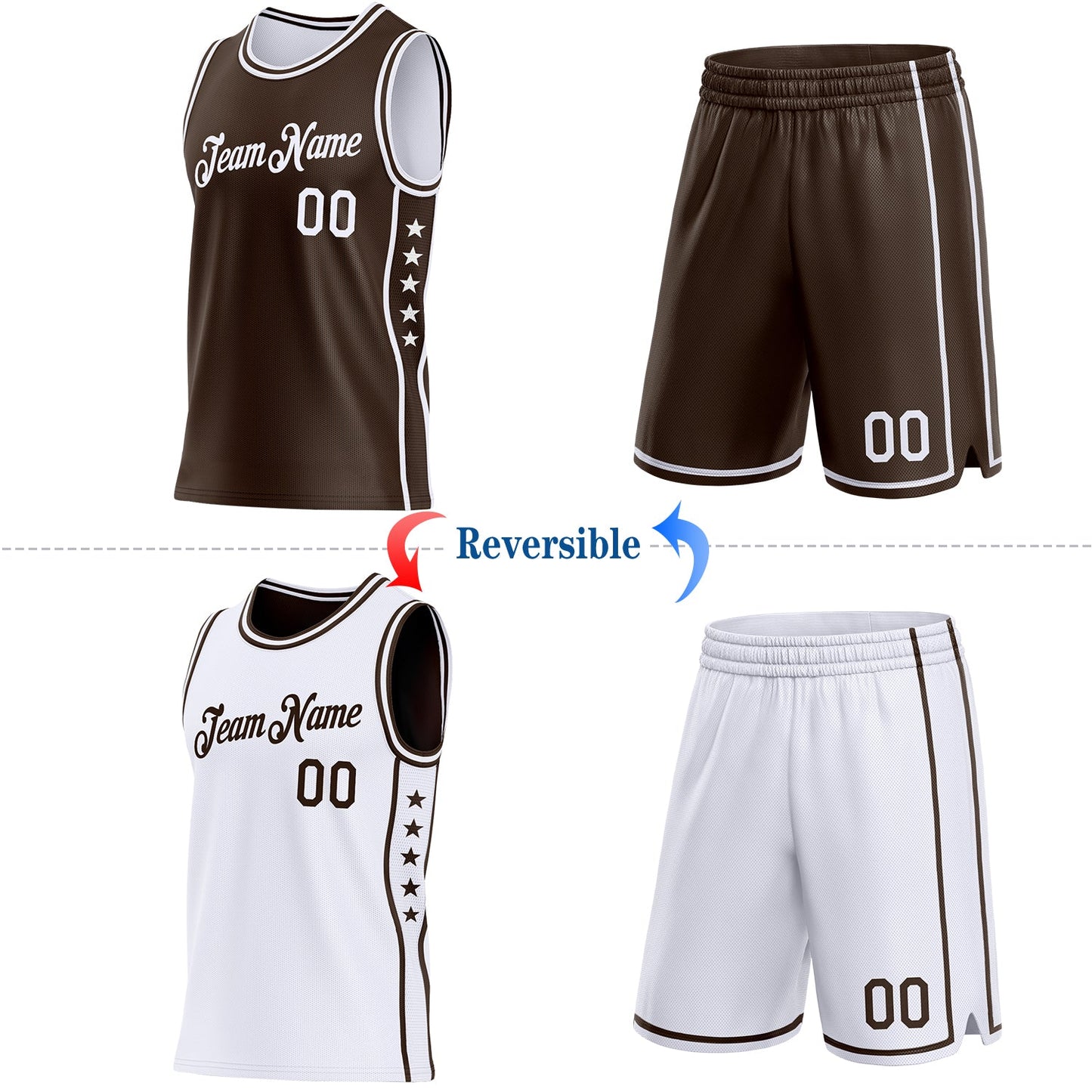 Custom Reversible Brown White Double Side Star Sublimation Basketball Set Jersey view 2