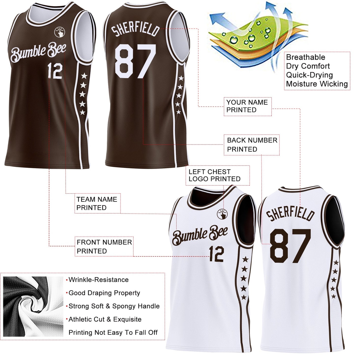 Custom Reversible Brown White Double Side Star Sublimation Basketball Set Jersey view 5
