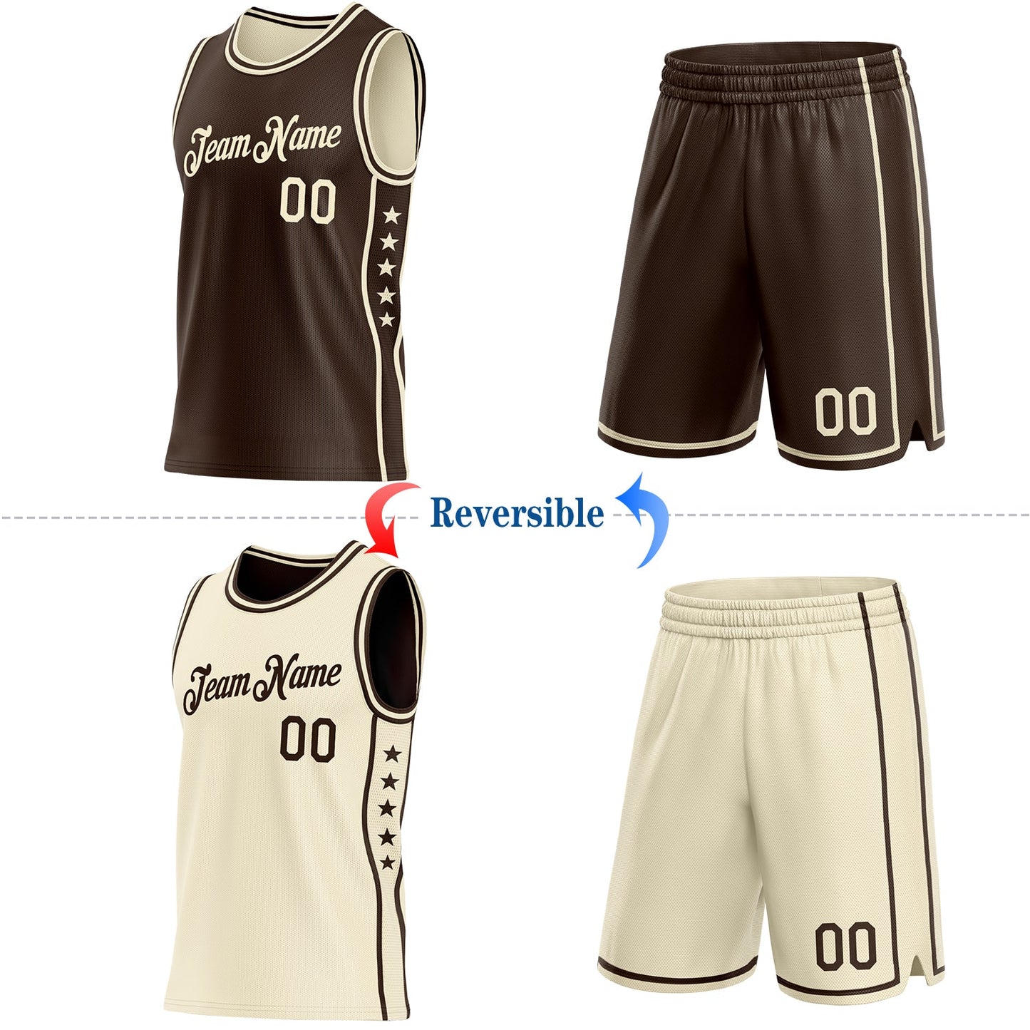 Custom Reversible Brown Cream Double Side Star Sublimation Basketball Set Jersey view 2