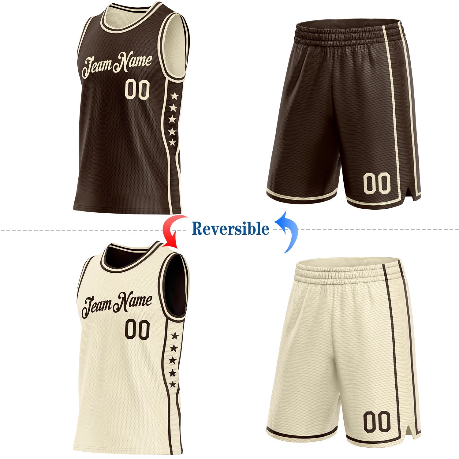 Custom Reversible Brown Cream Double Side Star Sublimation Basketball Set Jersey view 2