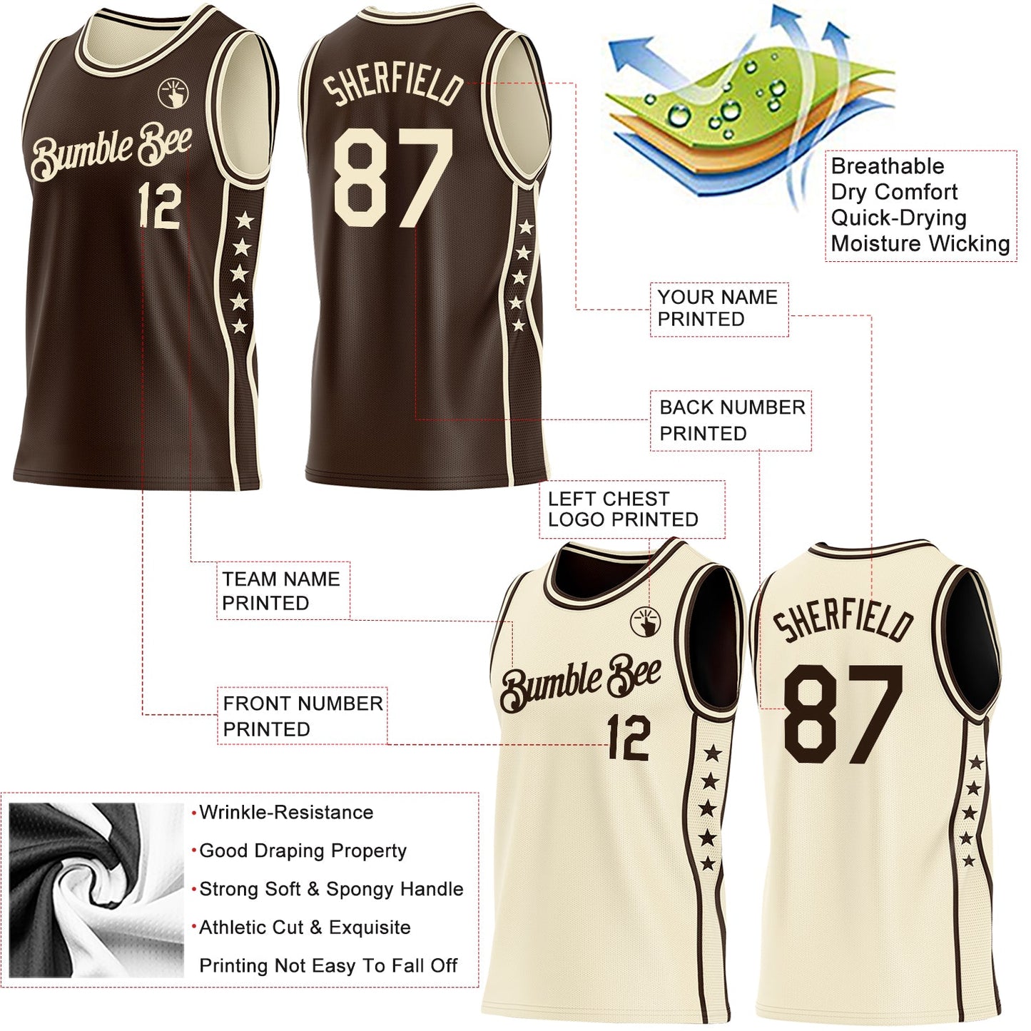 Custom Reversible Brown Cream Double Side Star Sublimation Basketball Set Jersey view 5