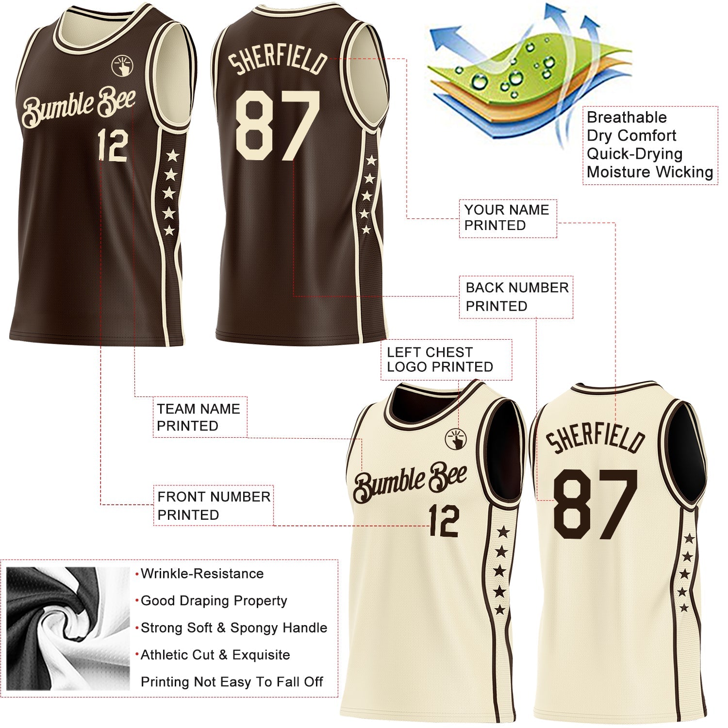 Custom Reversible Brown Cream Double Side Star Sublimation Basketball Set Jersey view 5