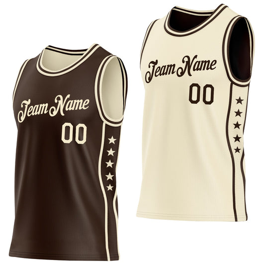 Custom Reversible Brown Cream Double Side Star Sublimation Basketball Set Jersey - Main View