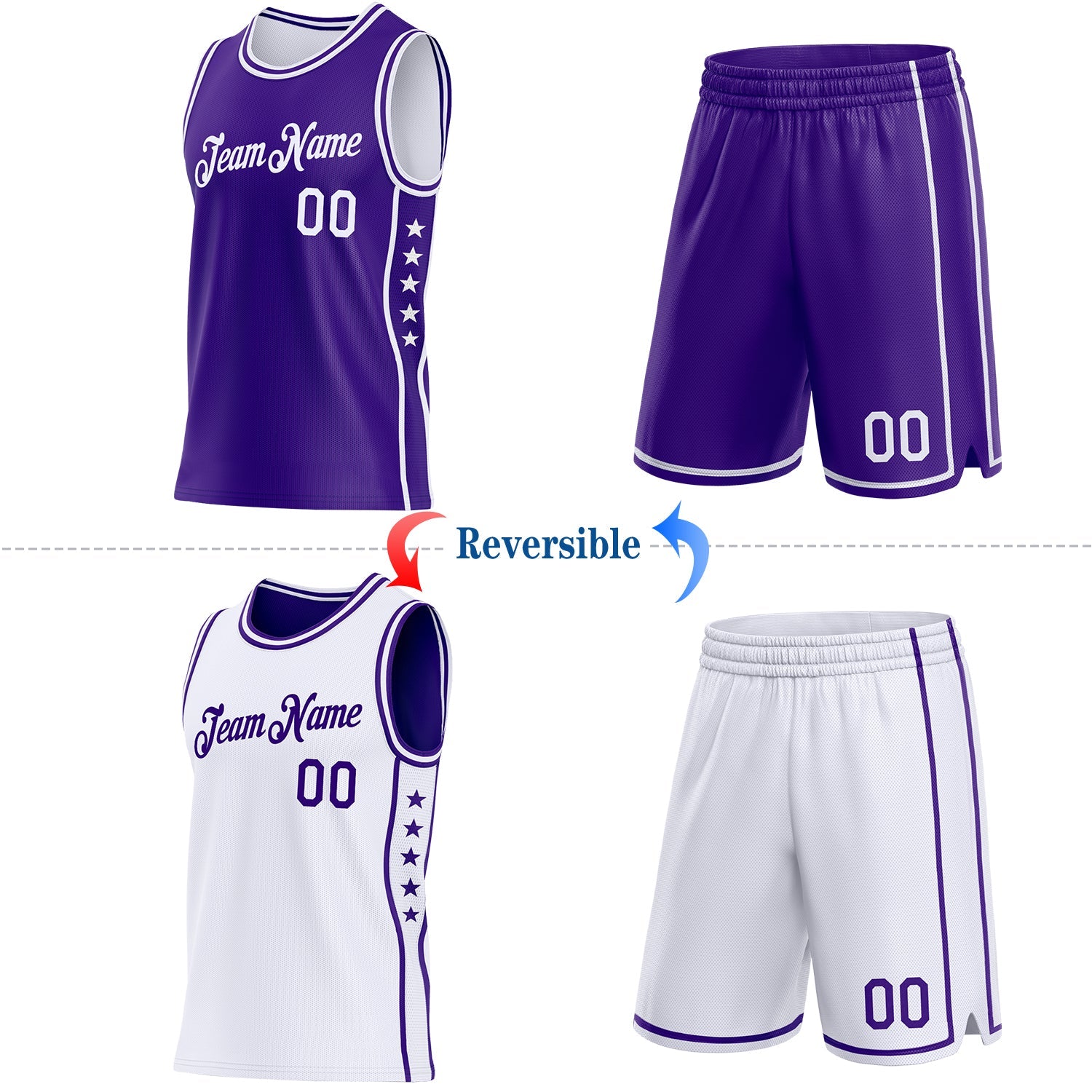 Custom Reversible Purple White Double Side Star Sublimation Basketball Set Jersey view 2