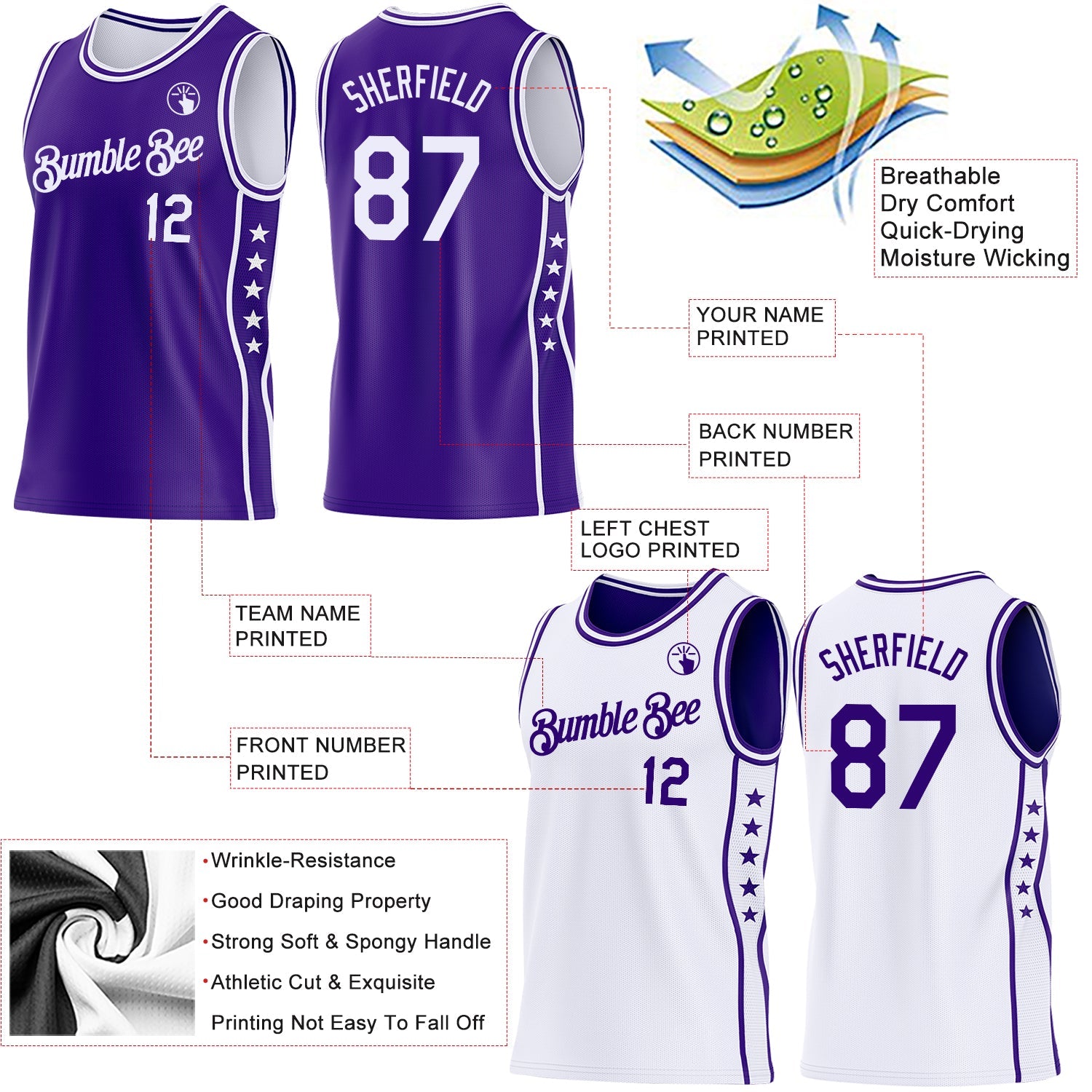 Custom Reversible Purple White Double Side Star Sublimation Basketball Set Jersey view 5