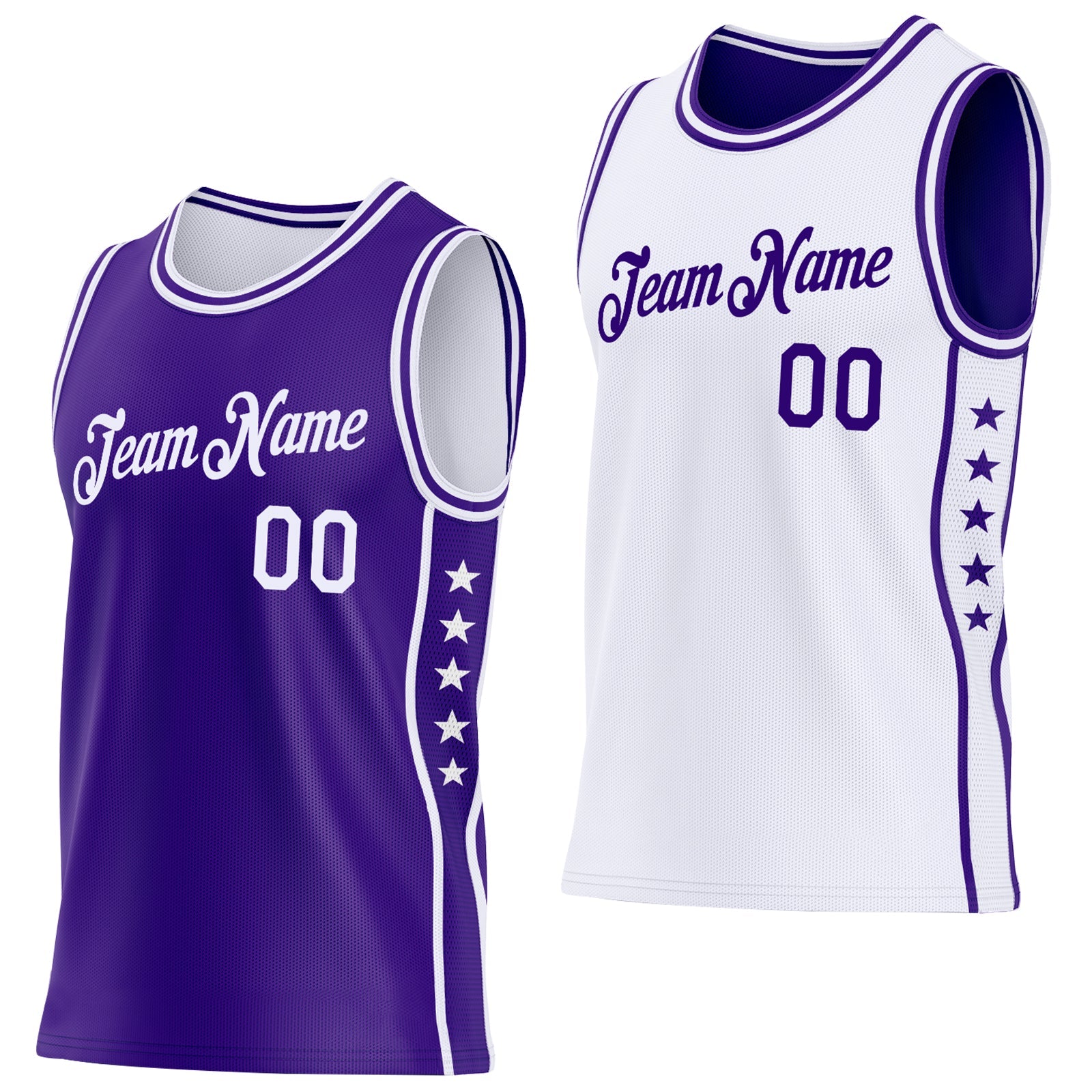 Custom Reversible Purple White Double Side Star Sublimation Basketball Set Jersey - Main View