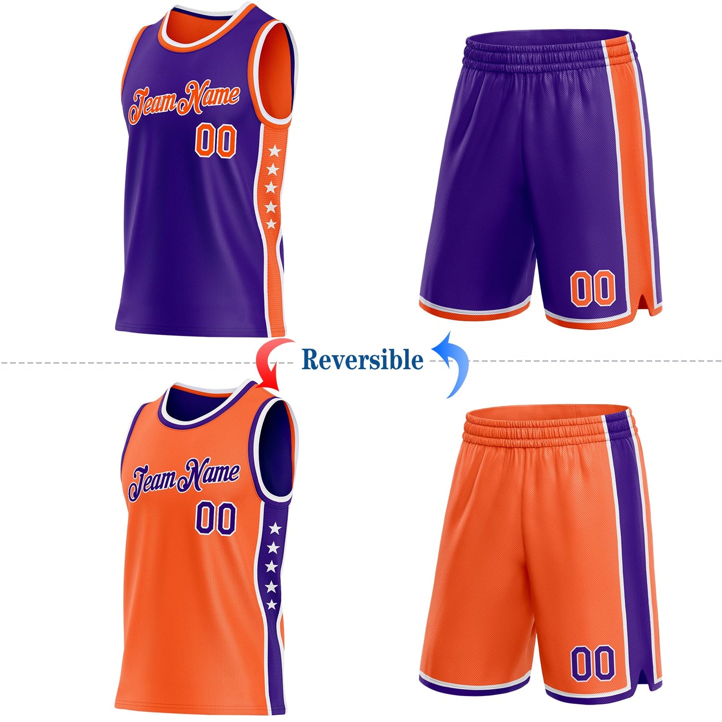 Custom Reversible Purple Orange-White Double Side Star Sublimation Basketball Set Jersey view 2