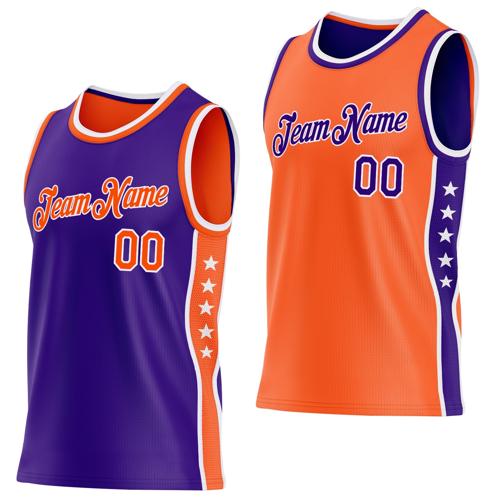 Custom Reversible Purple Orange-White Double Side Star Sublimation Basketball Set Jersey - Main View