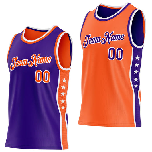 Custom Reversible Purple Orange-White Double Side Star Sublimation Basketball Set Jersey - Main View