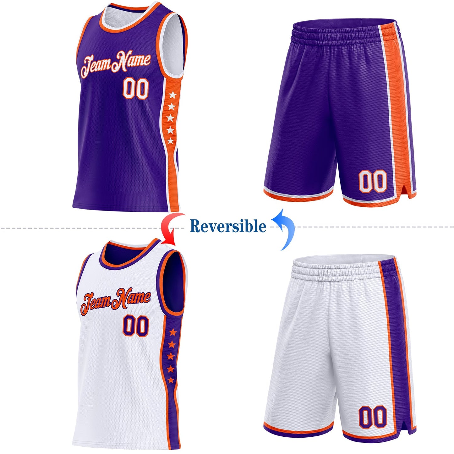 Custom Reversible Purple White-Orange Double Side Star Sublimation Basketball Set Jersey view 2