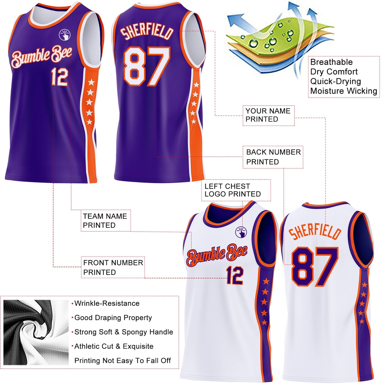 Custom Reversible Purple White-Orange Double Side Star Sublimation Basketball Set Jersey view 5