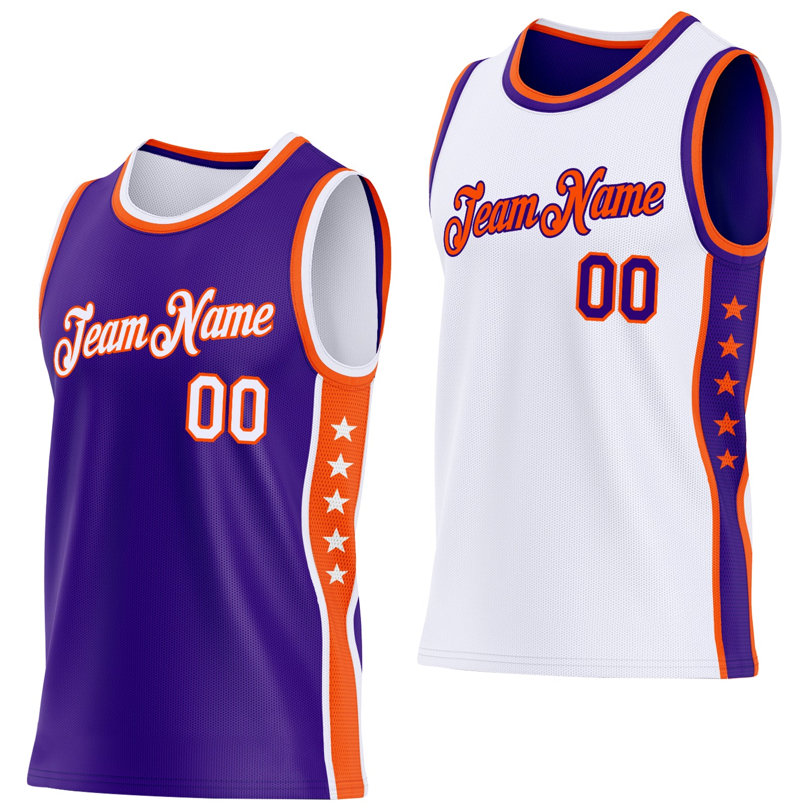 Custom Reversible Purple White-Orange Double Side Star Sublimation Basketball Set Jersey - Main View