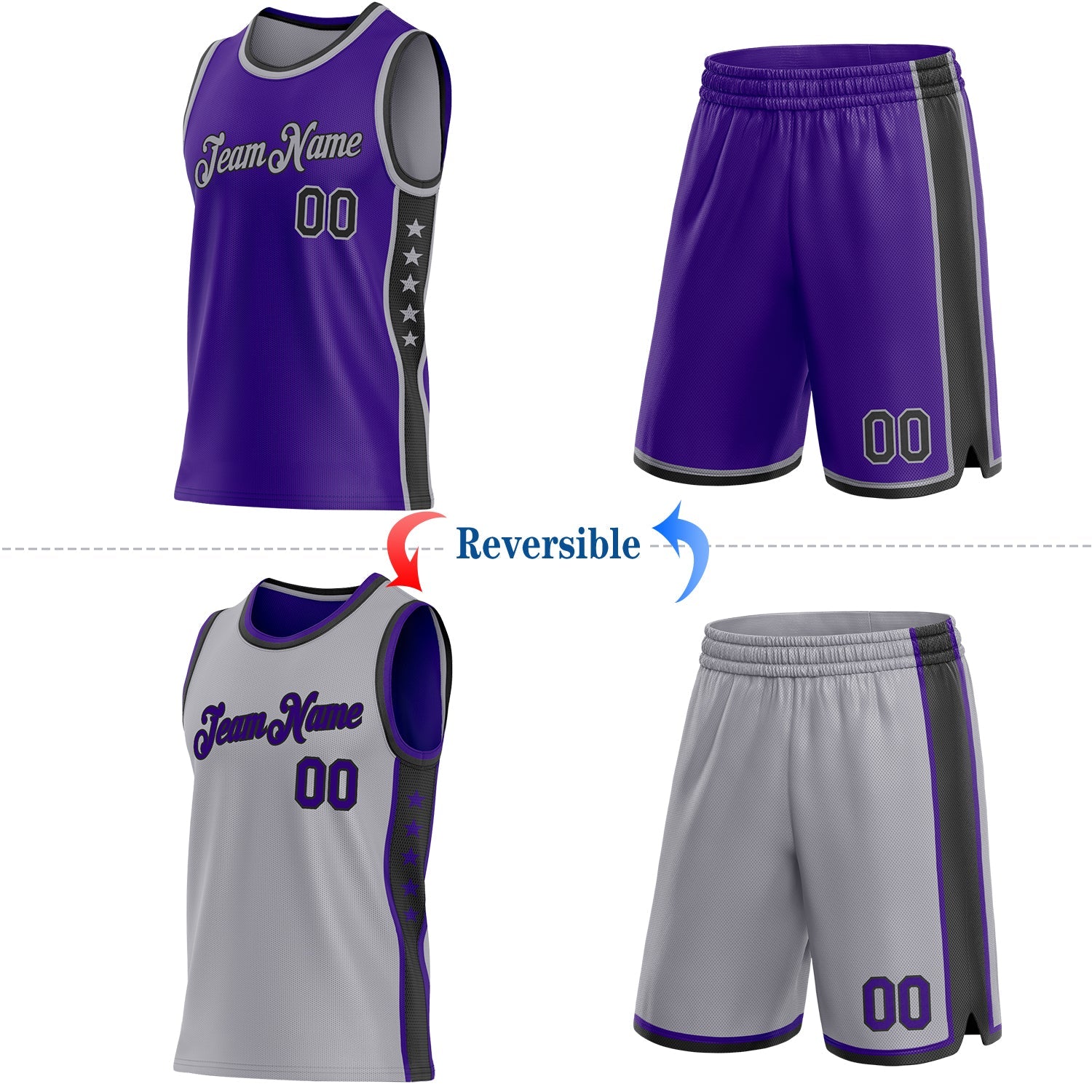 Custom Reversible Purple Black-Gray Double Side Star Sublimation Basketball Set Jersey view 2