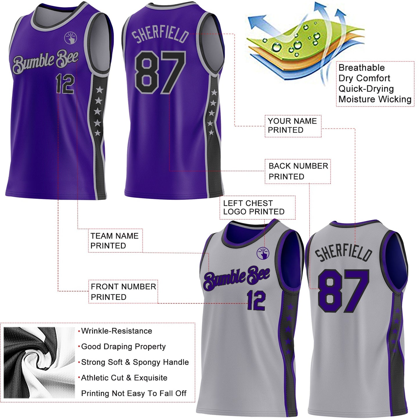 Custom Reversible Purple Black-Gray Double Side Star Sublimation Basketball Set Jersey view 5