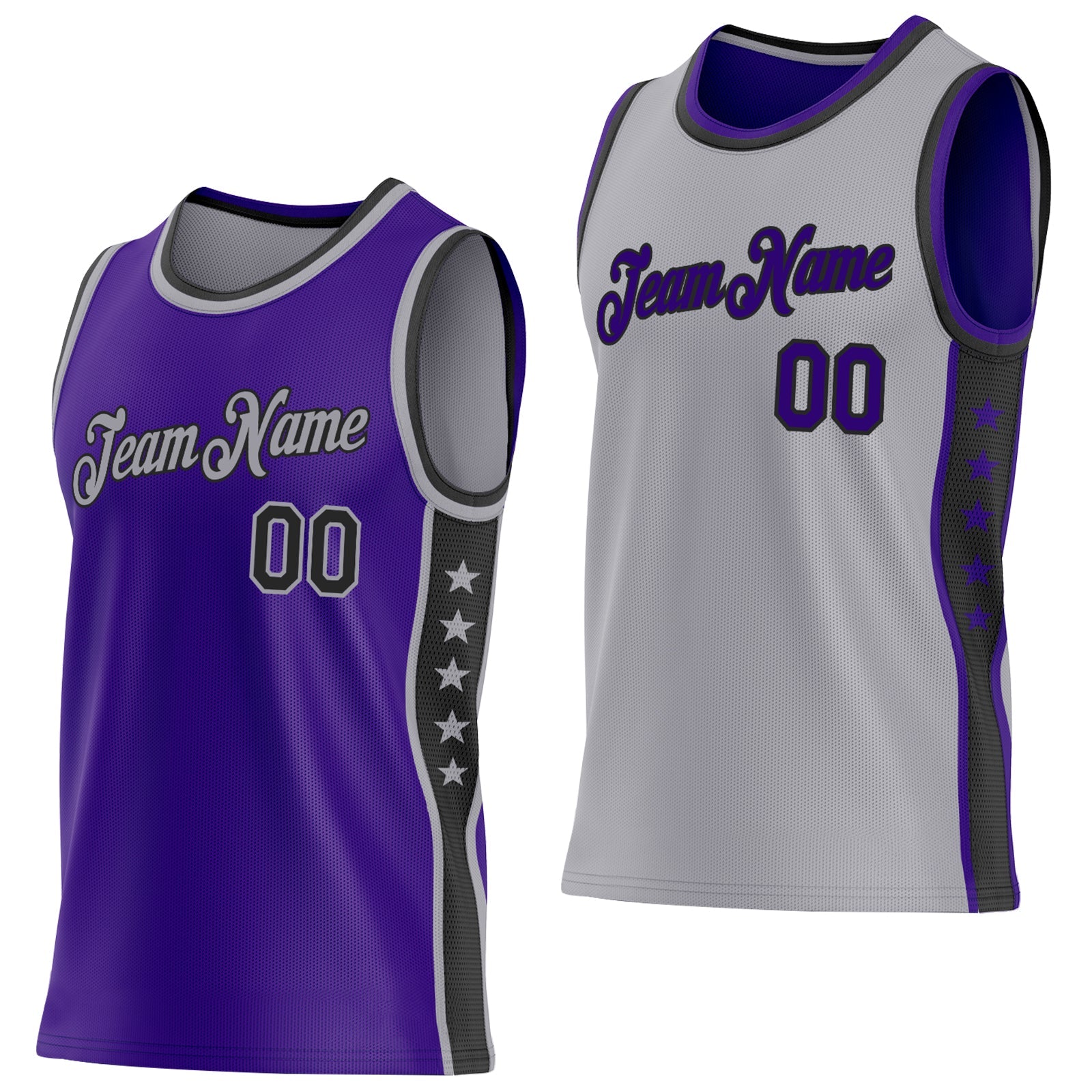 Custom Reversible Purple Black-Gray Double Side Star Sublimation Basketball Set Jersey - Main View