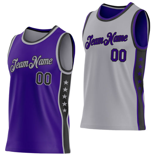 Custom Reversible Purple Black-Gray Double Side Star Sublimation Basketball Set Jersey - Main View
