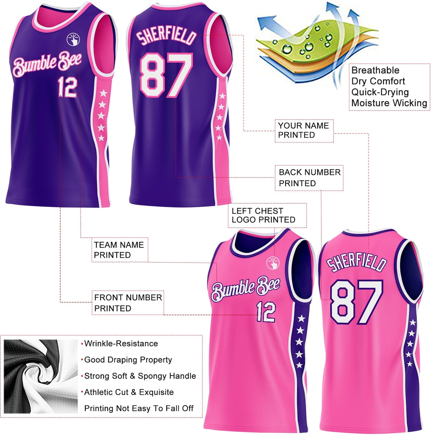 Custom Reversible Purple White-Pink Double Side Star Sublimation Basketball Set Jersey view 5