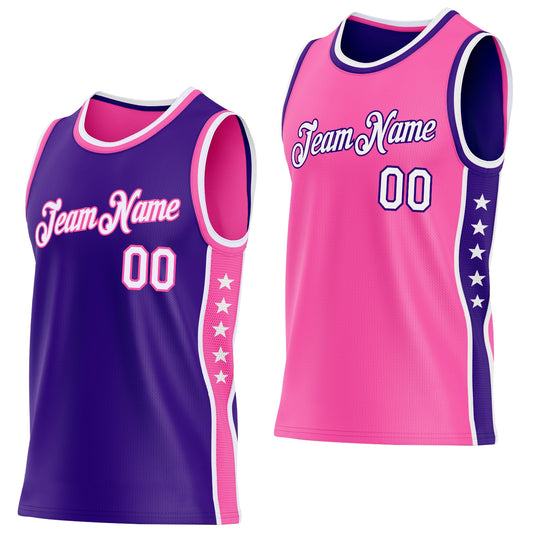 Custom Reversible Purple White-Pink Double Side Star Sublimation Basketball Set Jersey - Main View