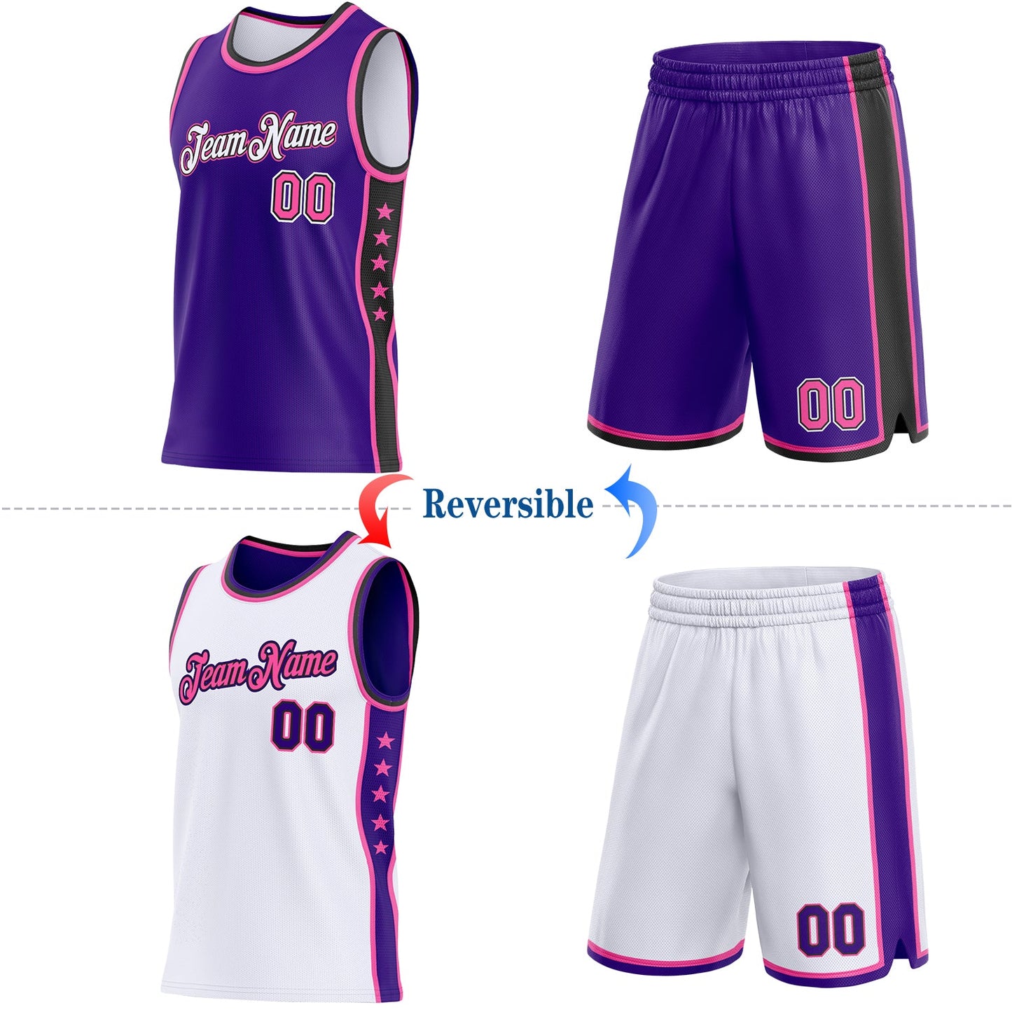 Custom Reversible Purple Pink White-Black Double Side Star Sublimation Basketball Set Jersey view 2