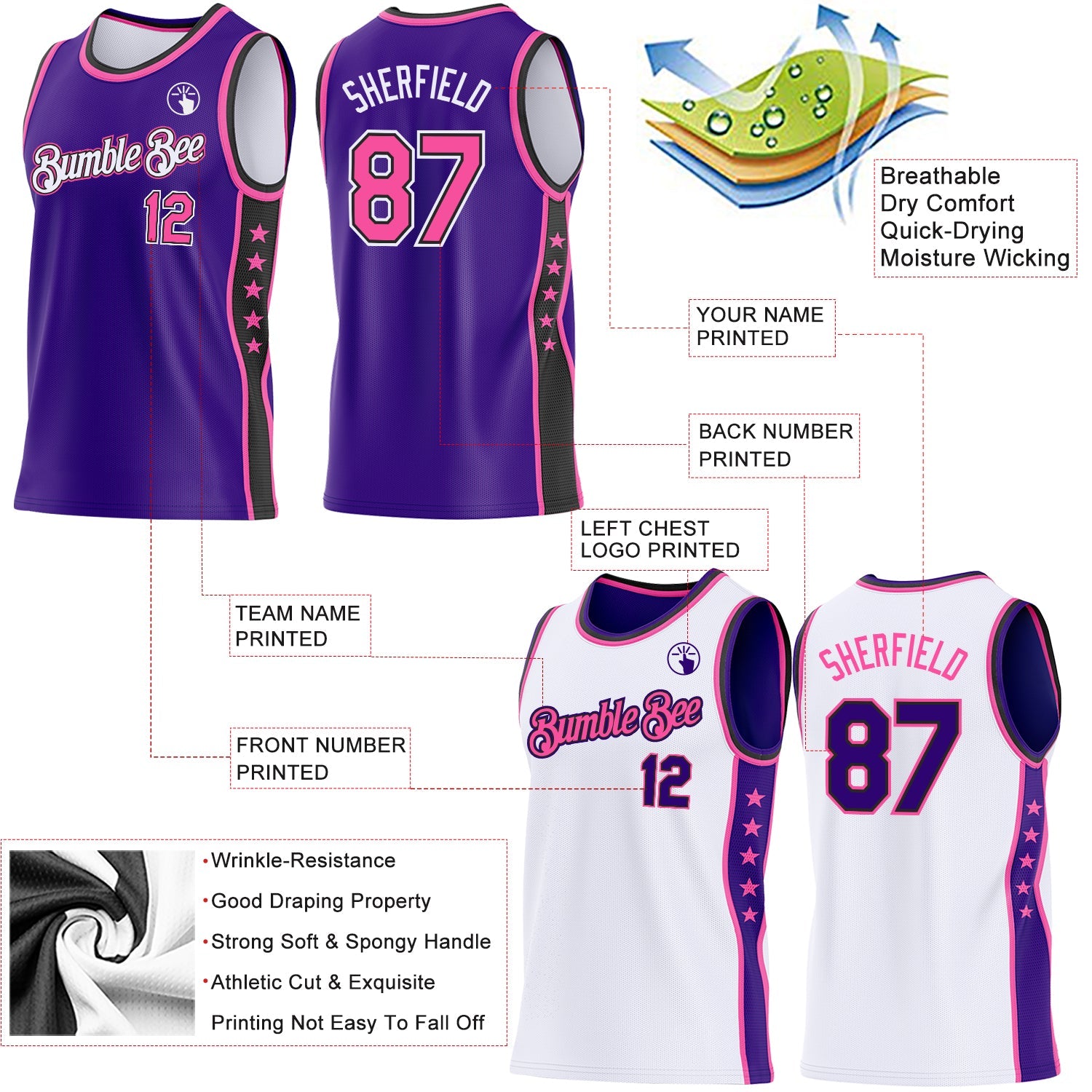Custom Reversible Purple Pink White-Black Double Side Star Sublimation Basketball Set Jersey view 5