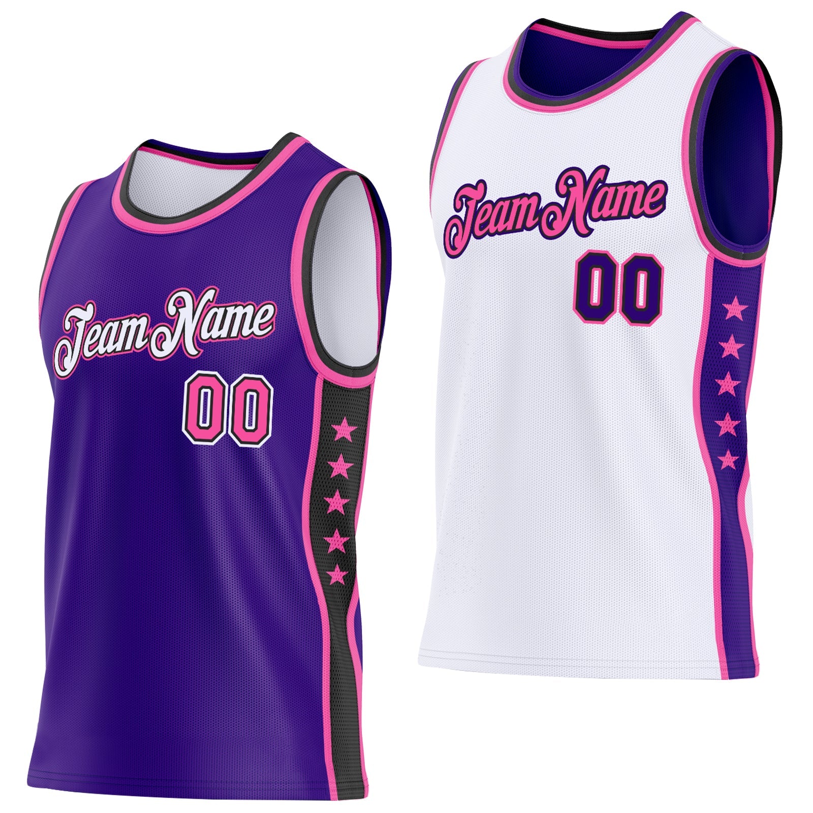 Custom Reversible Purple Pink White-Black Double Side Star Sublimation Basketball Set Jersey - Main View